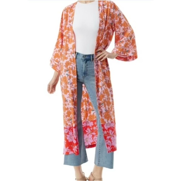 NWT JESSICA SIMPSON FLORAL KIMONO PINK AND ORANGE BOHO - Picture 1 of 5